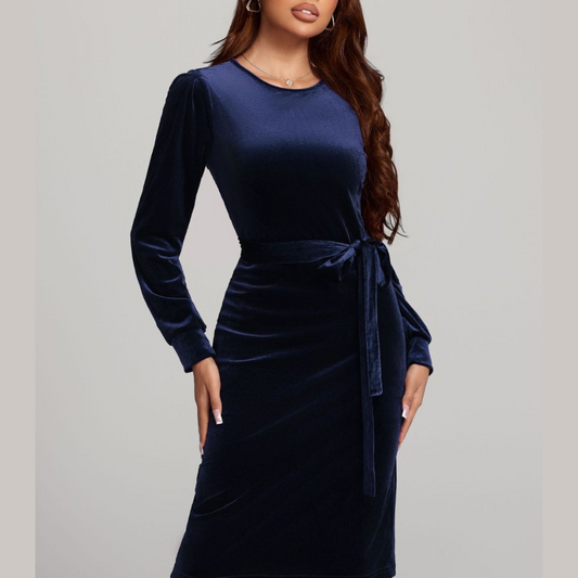 Round Neck Tie Waist Long Sleeve Velvet Dress