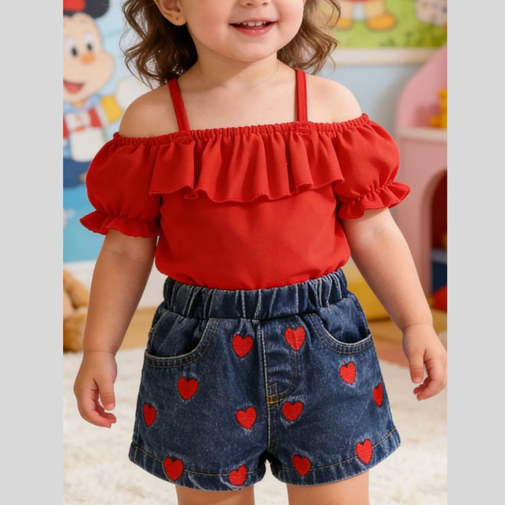 Children's Ruffled Top & Heart Embroidered Denim Shorts Set