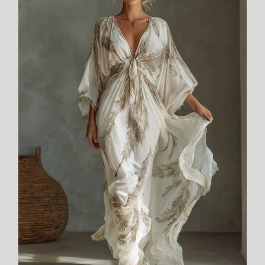 Full Size Feather Print V-Neck Flowy Maxi Dress Plus Size