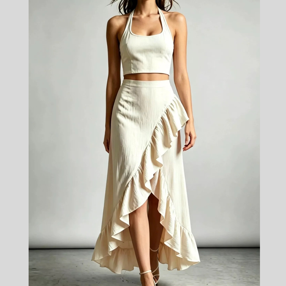 Halter Neck Crop Top and High-Low Maxi Skirt Two-Piece Set