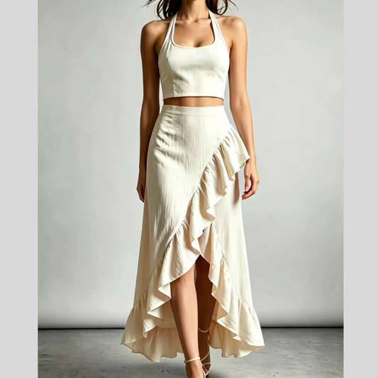 Halter Neck Crop Top and High-Low Maxi Skirt Two-Piece Set