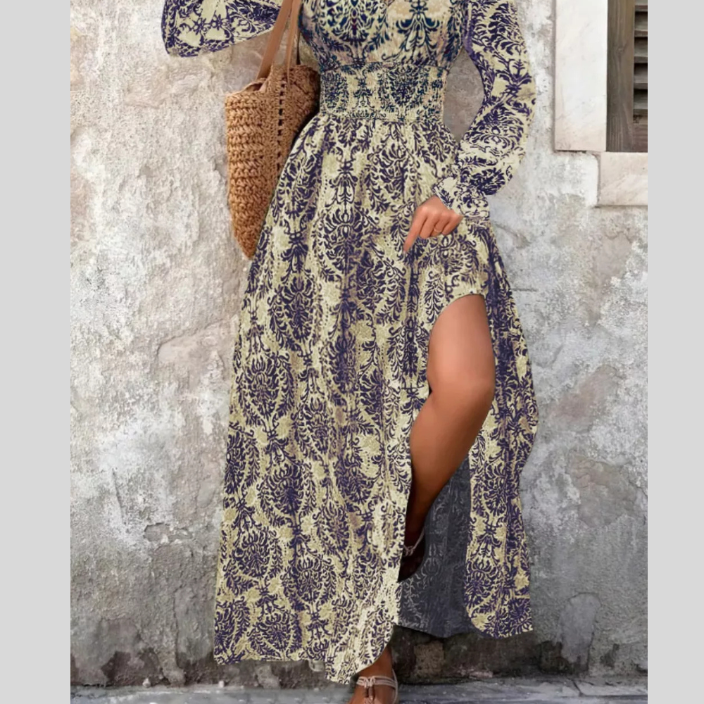 Printed V-Neck Long Sleeve Maxi Dress