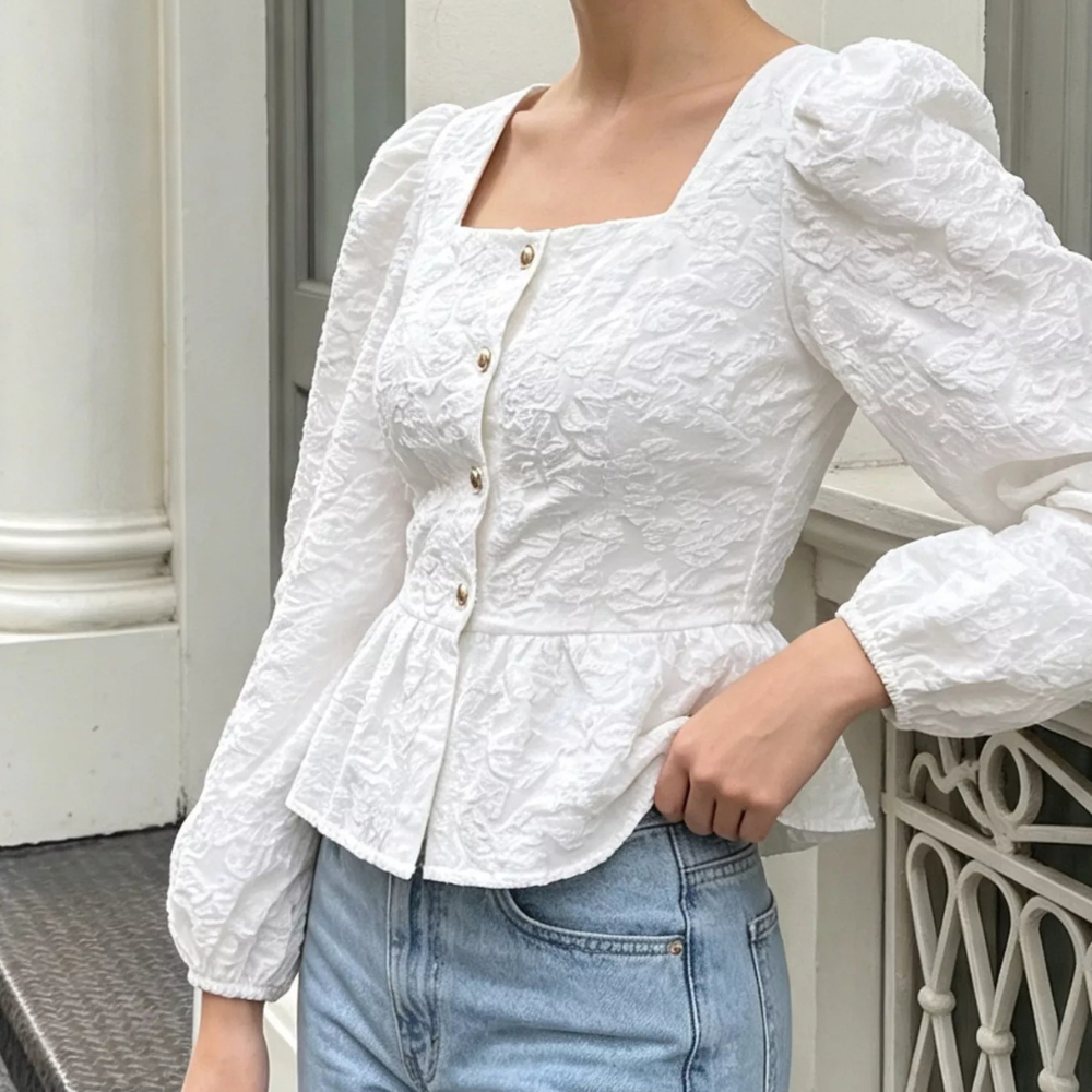 Square Neck Textured Peplum Blouse