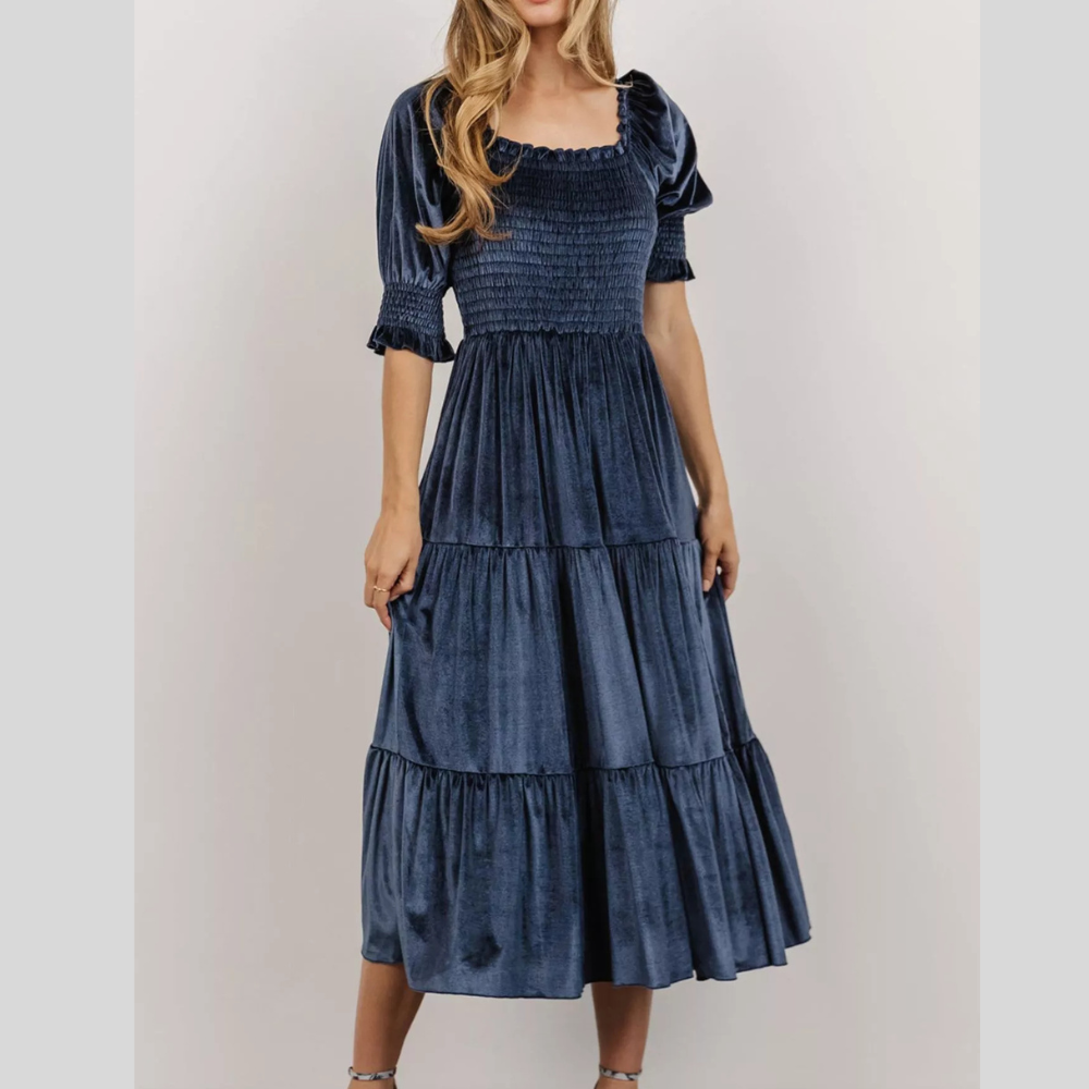 Velvet Smocked Tiered Midi Dress