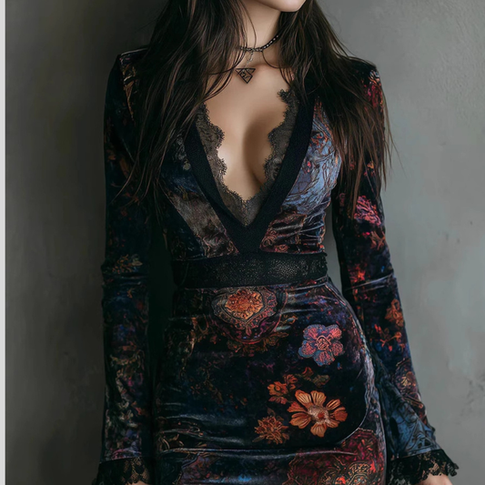 Lace Detail Floral Velvet Mini Dress