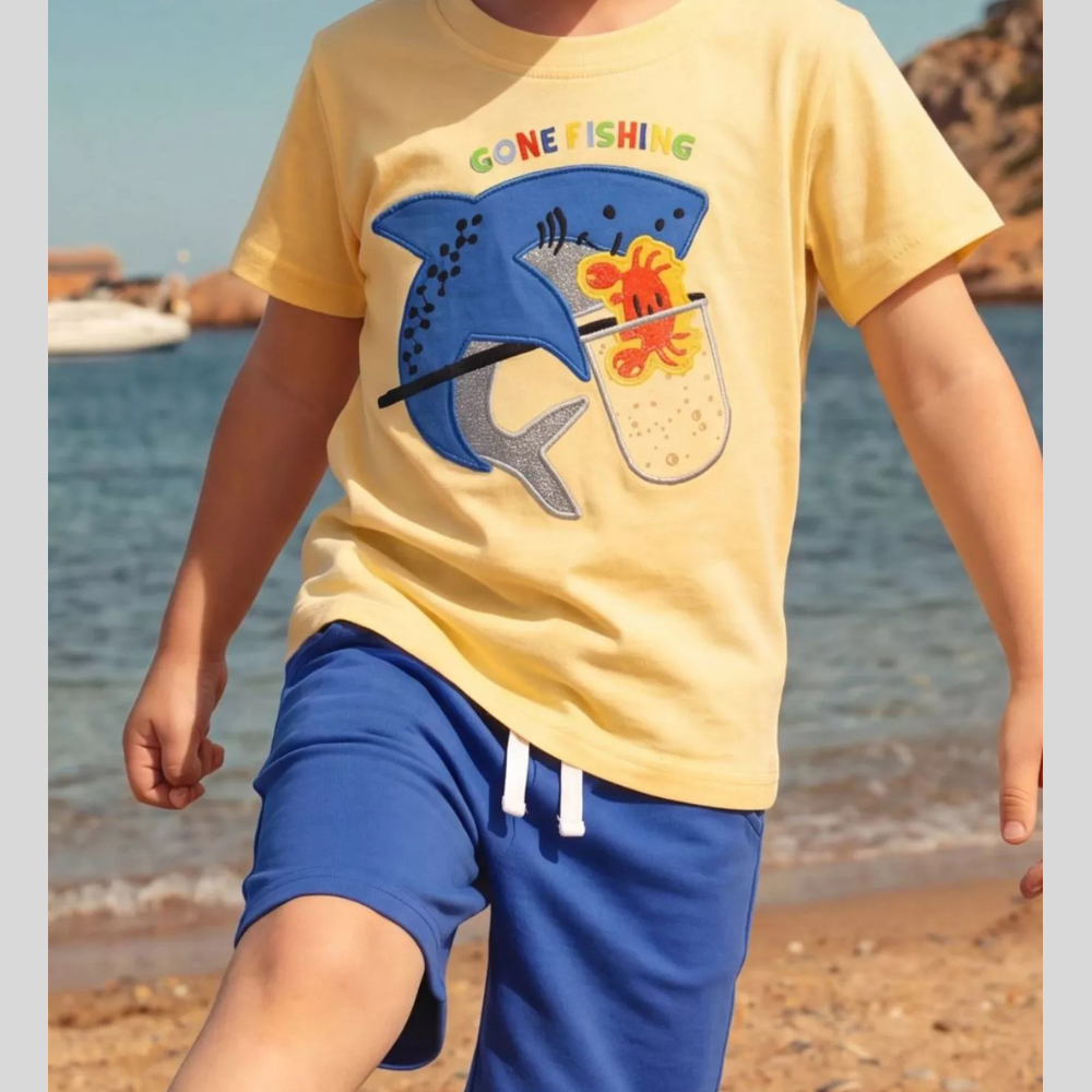 Children's Shark Embroidered Round Neck Tee and Shorts Set