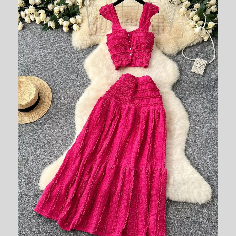 Textured Crop Top and Tiered Skirt Set