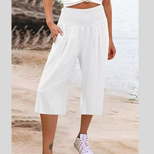 Smocked Wide-Leg Capri Pants