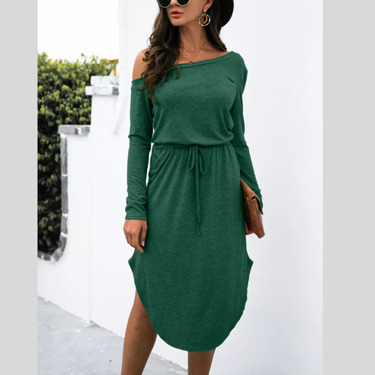 One-Shoulder Long Sleeve Midi Dress with Drawstring Waist