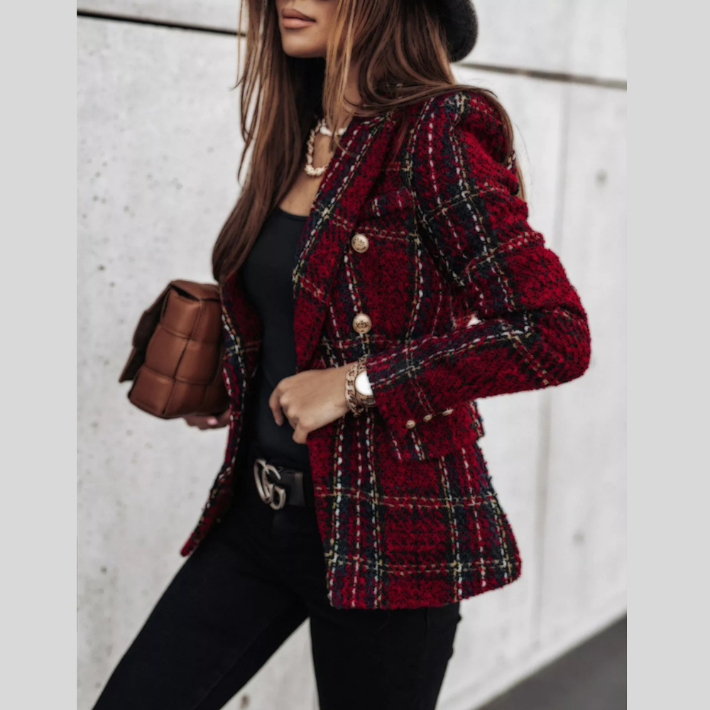 Full Size Plaid Tweed Double-Breasted Blazer Plus Size