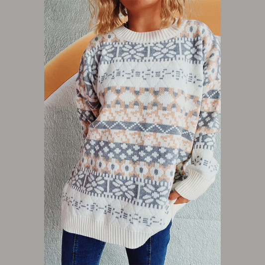 Geometric Round Neck Dropped Shoulder Sweater