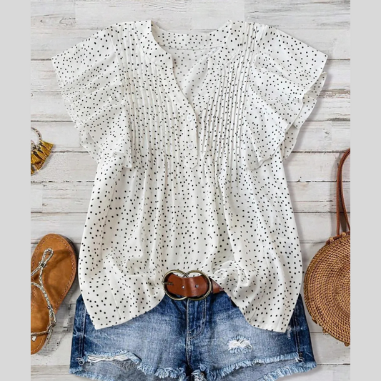 Polka Dot Notched Ruffled Cap Sleeve Blouse