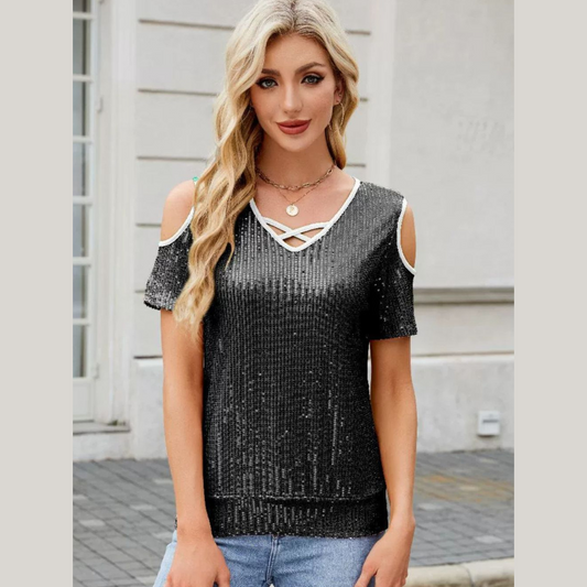 Sequin Crisscross V-Neck Cold Shoulder Blouse