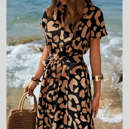 Leopard Notched Tie Waist Midi Dress