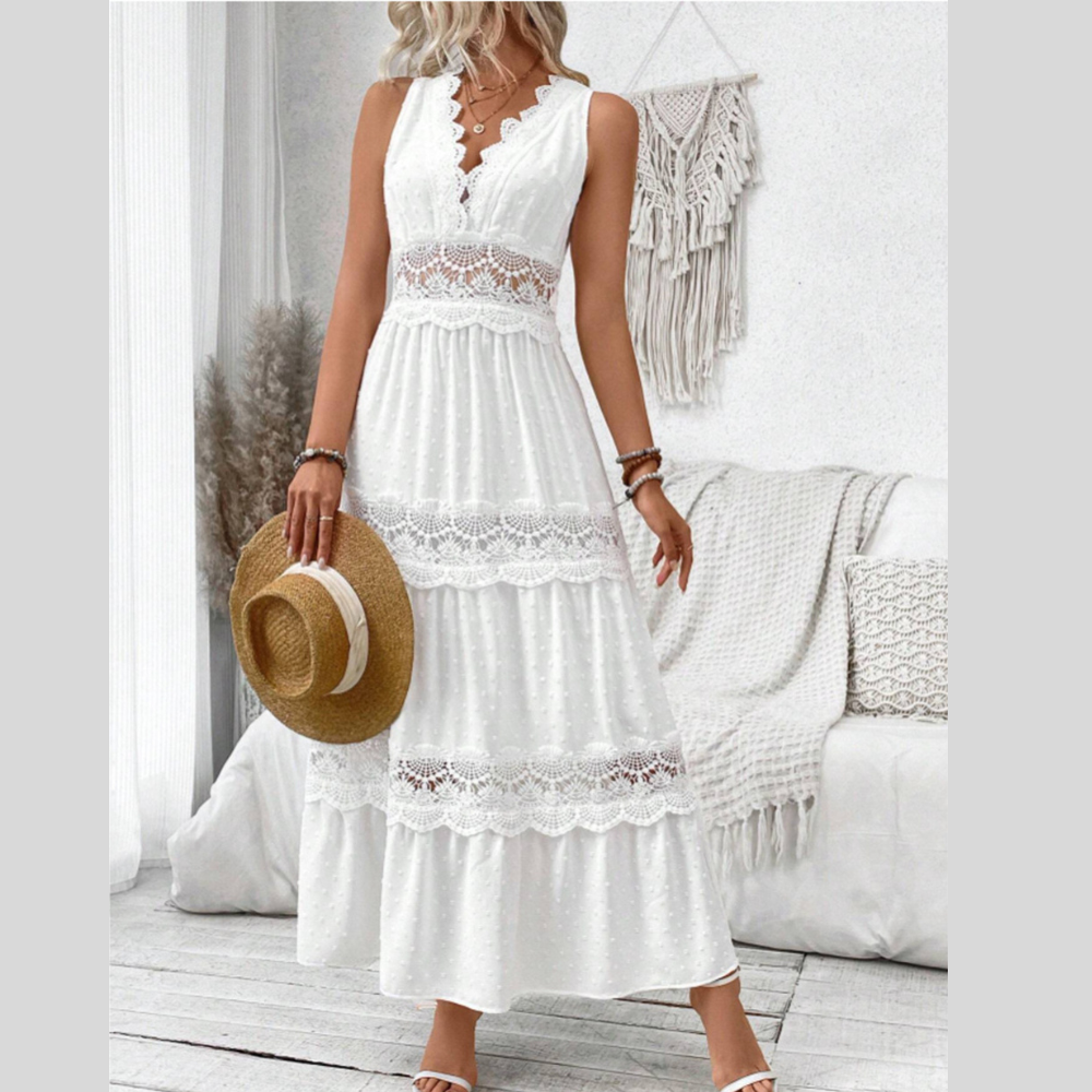 Full Size Lace Tied Swiss Dot Sleeveless Maxi Dress Plus Size