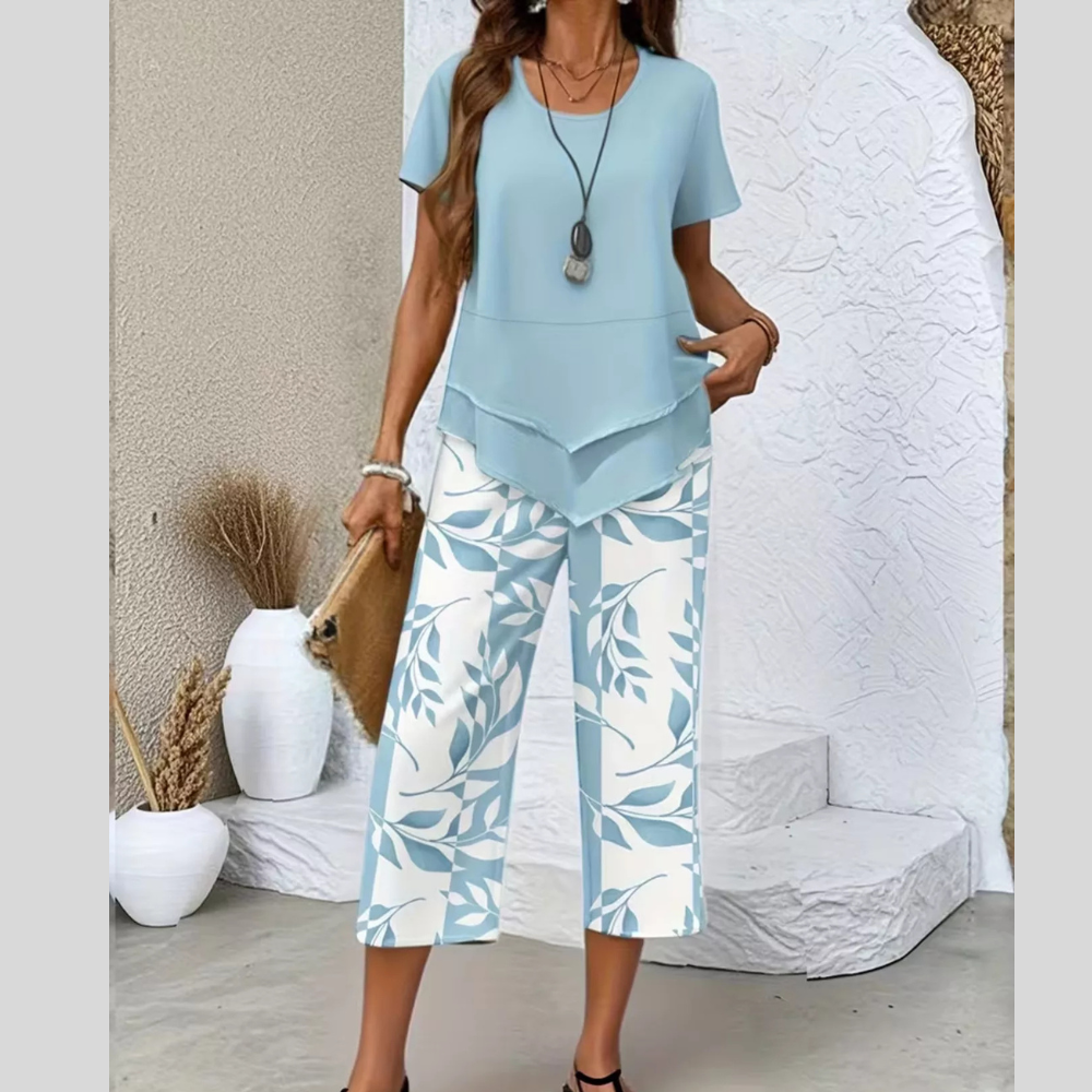 Layered Top and Leaf Print Cropped Pants Set