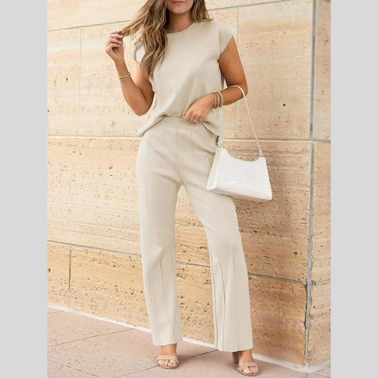Solid Knit Cap Sleeve Top & Pants Two-Piece Set