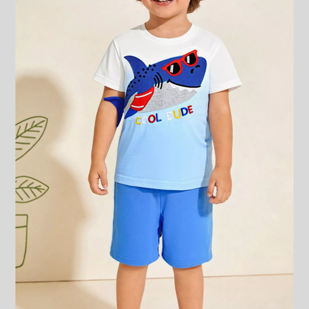 Children's Shark Embroidered Tee and Shorts Set