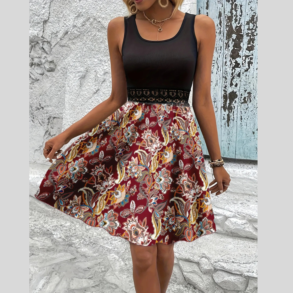 Printed A-Line Tank Dress with Lace Waist Detail