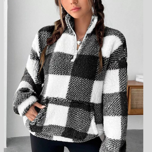 Full Size Plaid Sherpa Long Sleeve Sweatshirt Plus Size