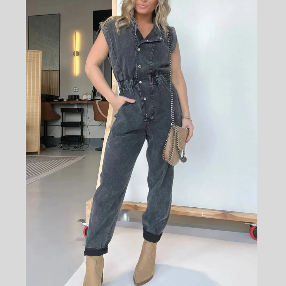 Full Size Button Front Cap Sleeve Denim Jumpsuit Plus Size