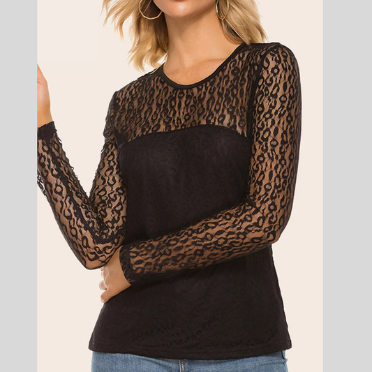 Sheer Leopard Lace Long Sleeve T-Shirt
