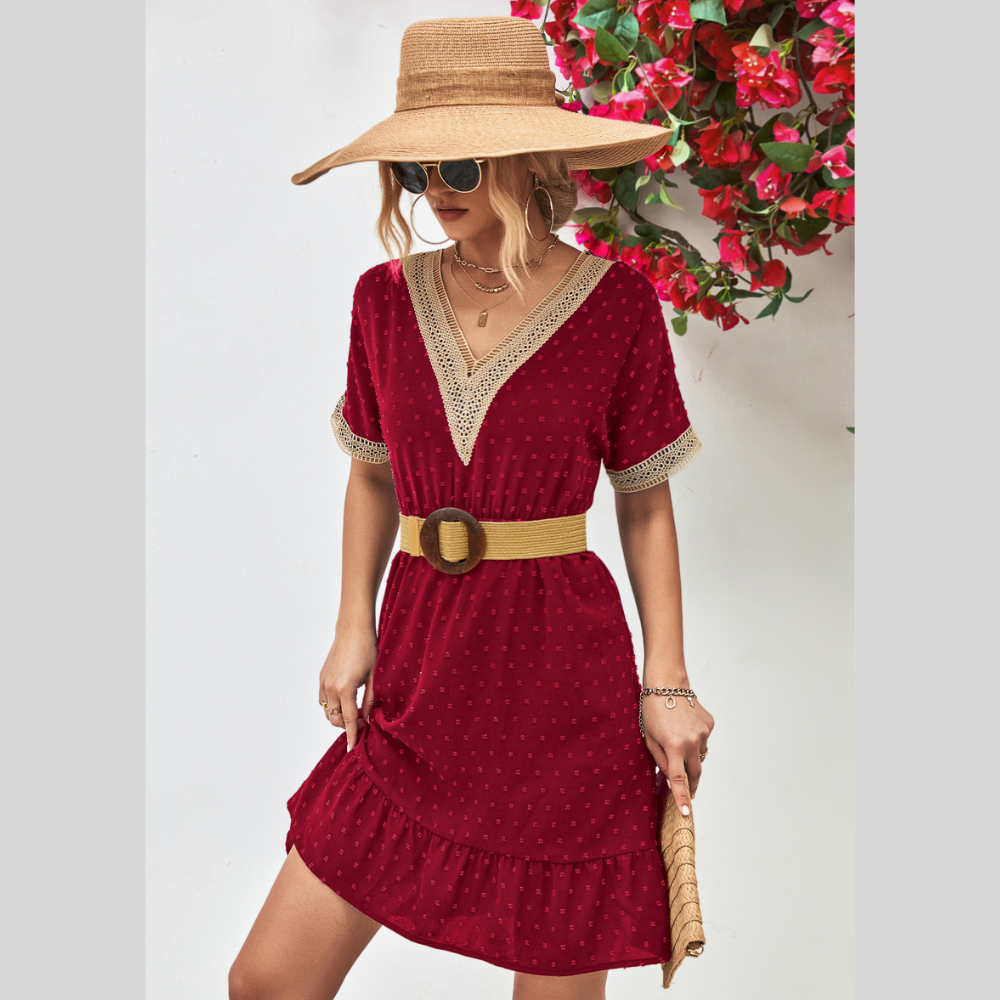 Contrast V-Neck Short Sleeve Mini Dress
