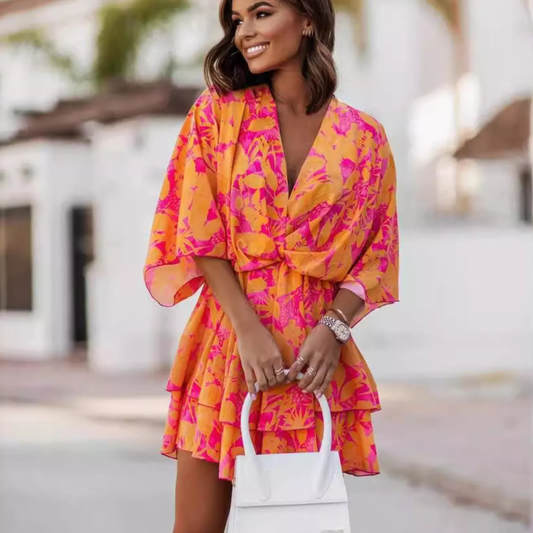 Layered Printed Surplice Mini Dress