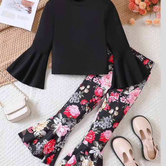 Children's Solid Top & Floral Flare Pants Set