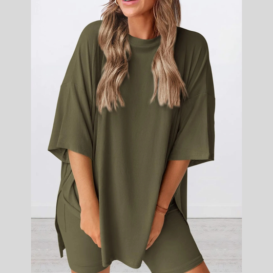 Full Size Oversized Slit Round Neck Top and Shorts Lounge Set Plus Size