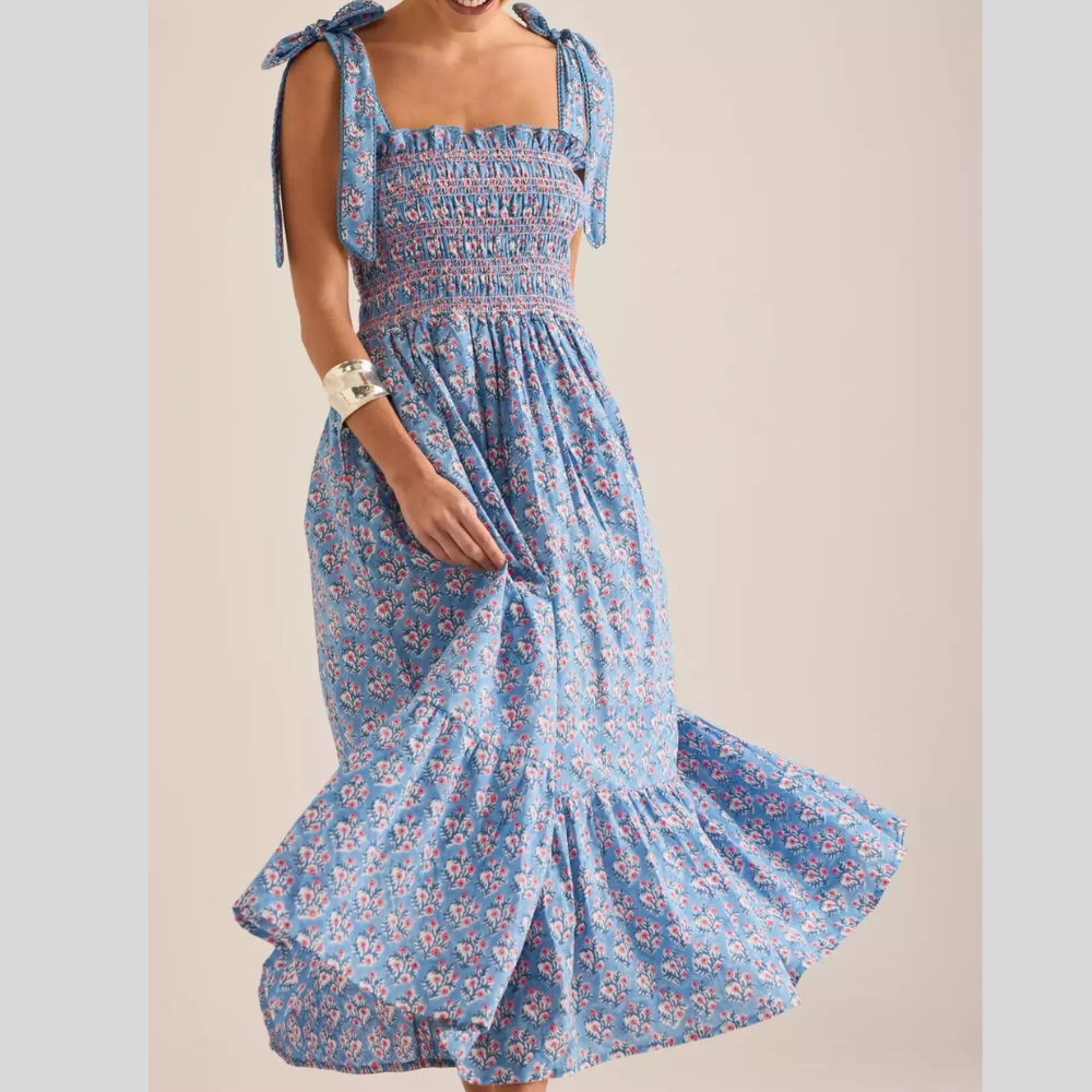 Floral Smocked Tie-Shoulder Midi Dress