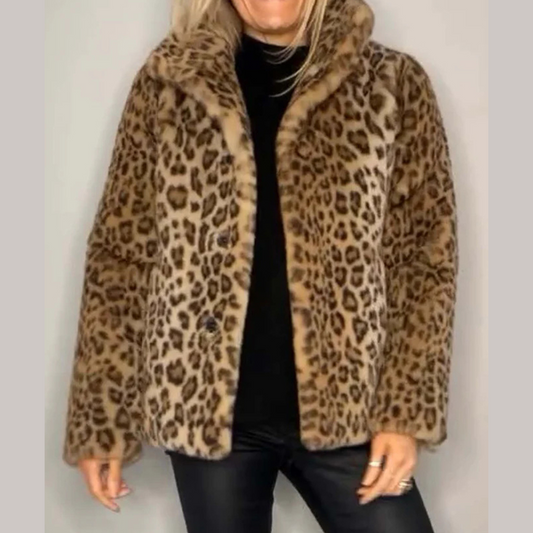 Full Size Leopard Furry Collared Neck Long Sleeve Coat