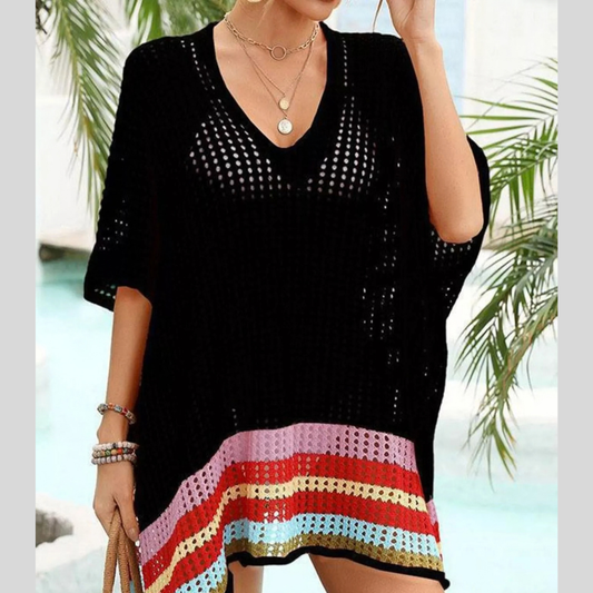 Crochet Rainbow Trim Cover-Up Dress