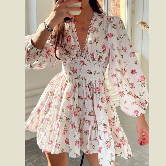 Lace Detail V-Neck Balloon Sleeve Dress