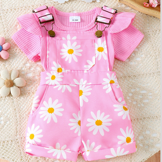 Children's Ruffle Trim Ribbed Top and Daisy Overalls Set