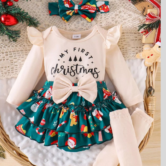 Children's Christmas Ruffled Long Sleeve Top and Skirt Set with Headband