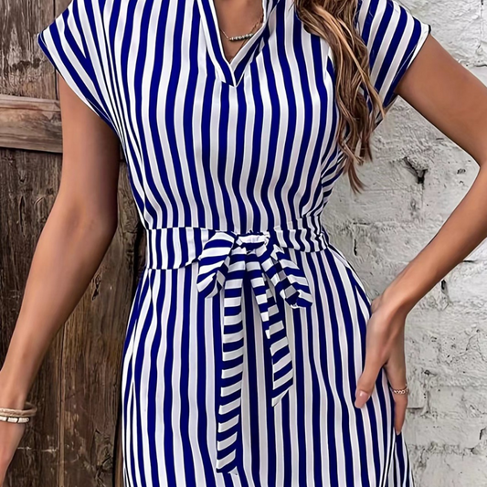 Tied Striped Cap Sleeve Mini Dress