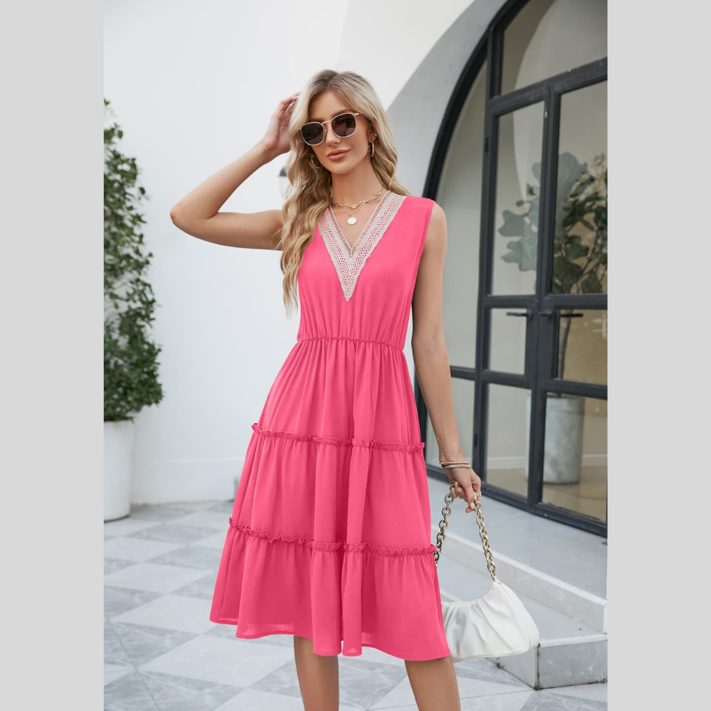 Contrast V-Neck Sleeveless Tiered Dress