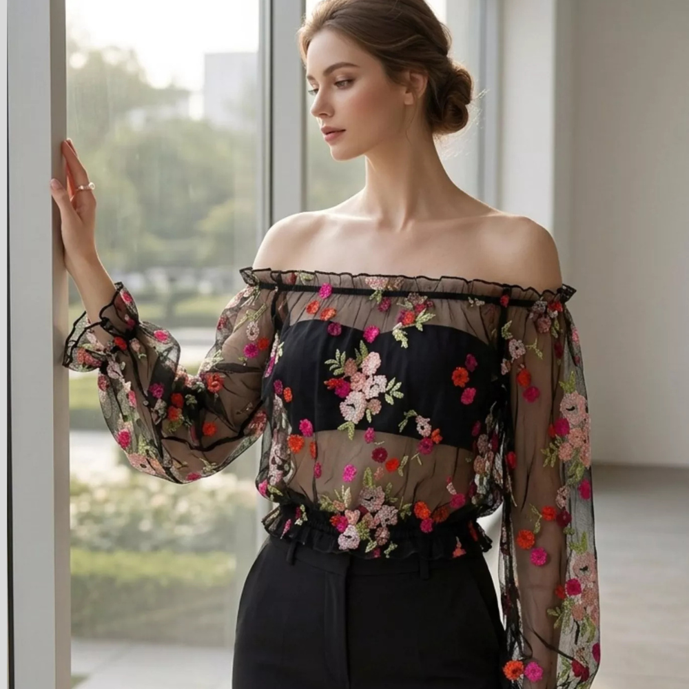 Floral Embroidered Mesh Off-Shoulder Top