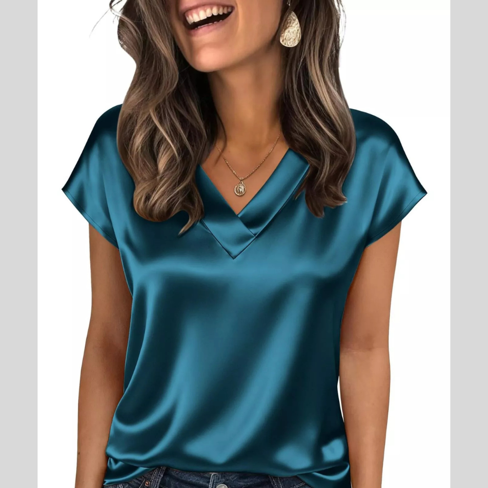 Satin V-Neck Cap Sleeve Blouse