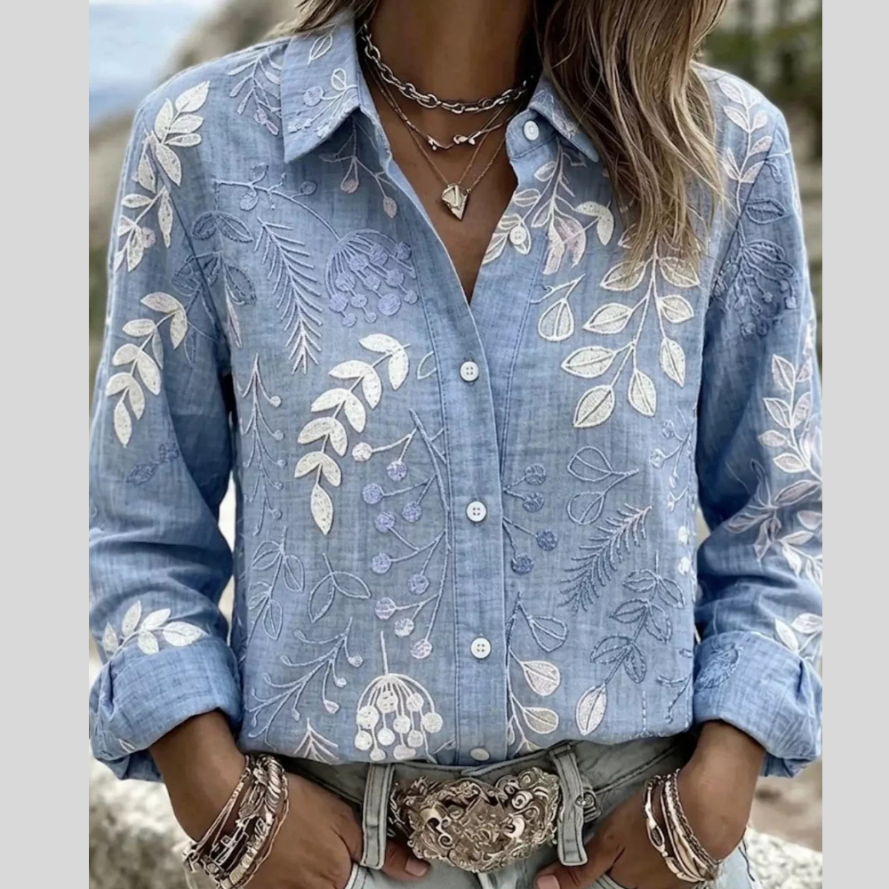 Full Size Leaf Embroidered Button-Down Shirt Plus Size