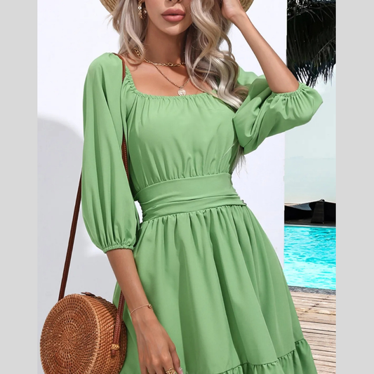 Tie Back Ruffled Hem Square Neck Dress