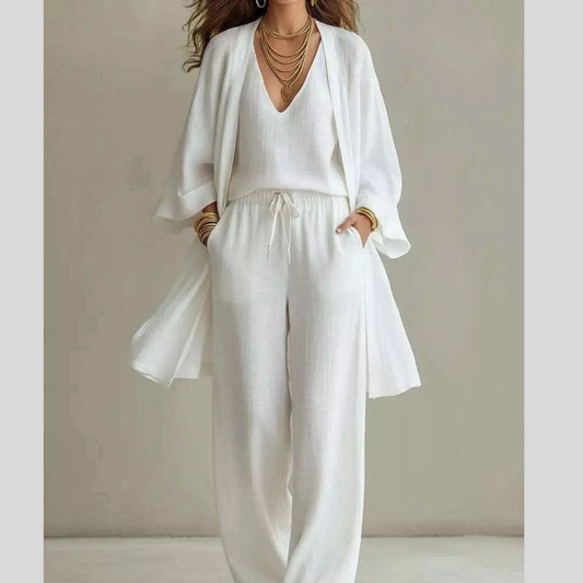 V-Neck Top & Cardigan & Pants Three-Piece Set
