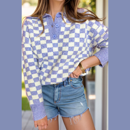 Plus Size Checkered Collared Neck Long Sleeve Sweater