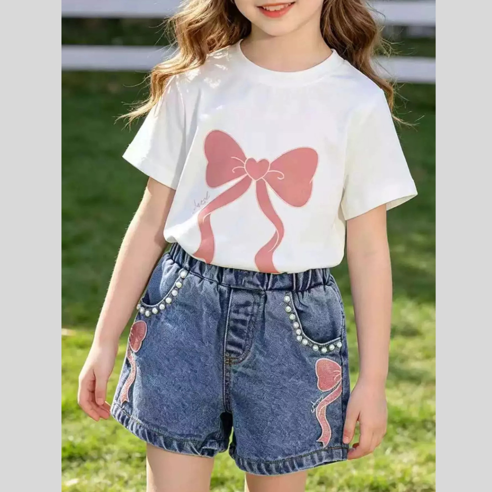 Children's Bowknot T-shirt and Denim Shorts Set
