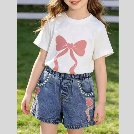 Children's Bowknot T-shirt and Denim Shorts Set