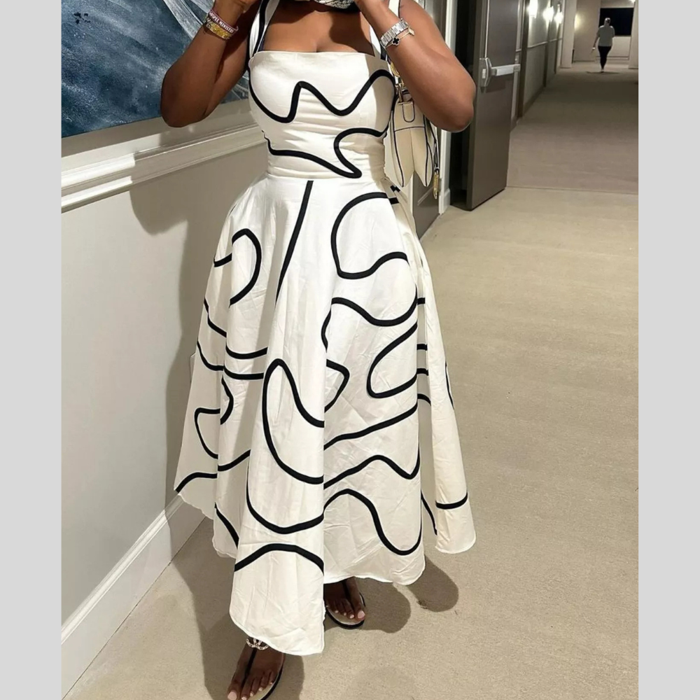Abstract Print Square Neck Midi Dress