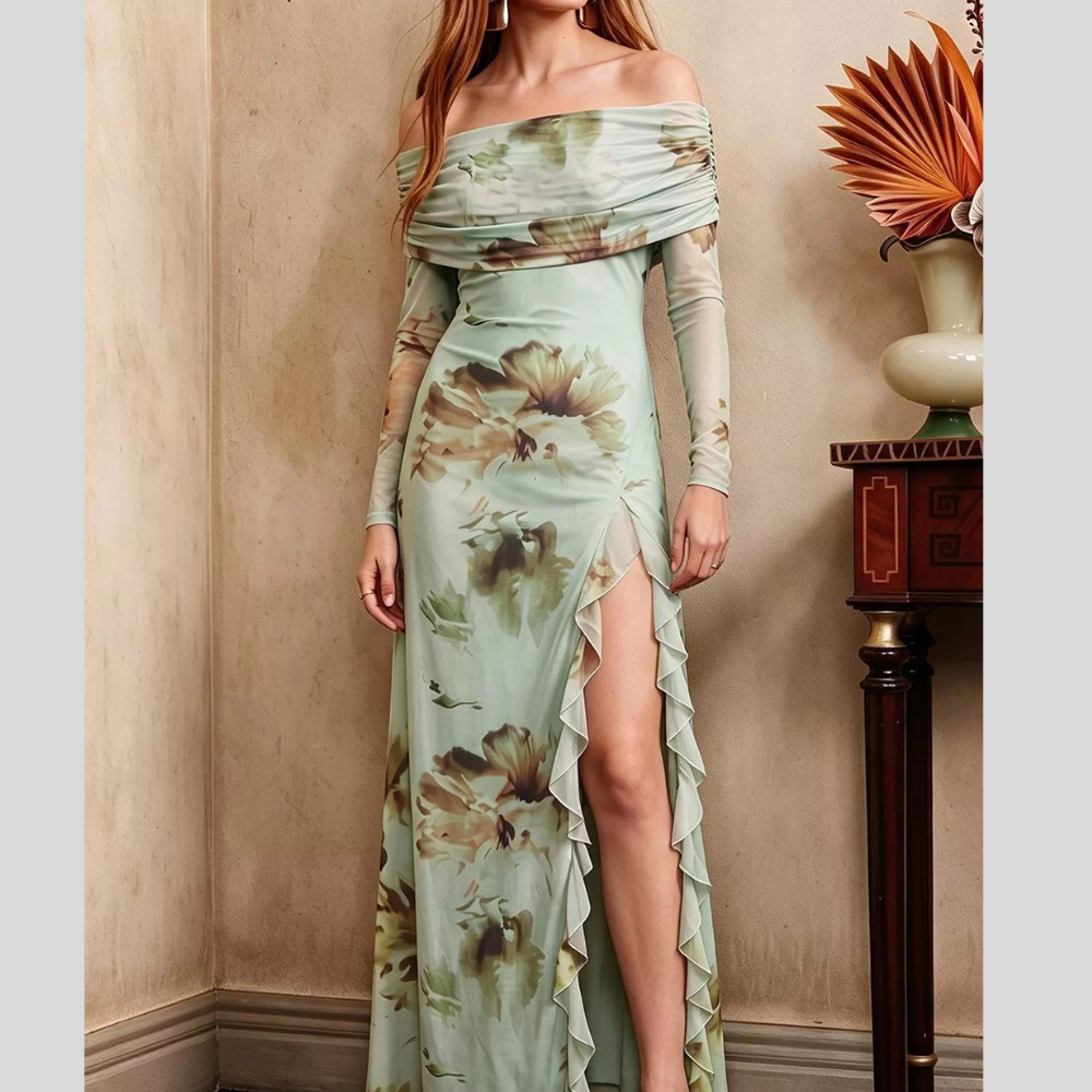 Ruffled Slit Off Shoulder Maxi Dress
