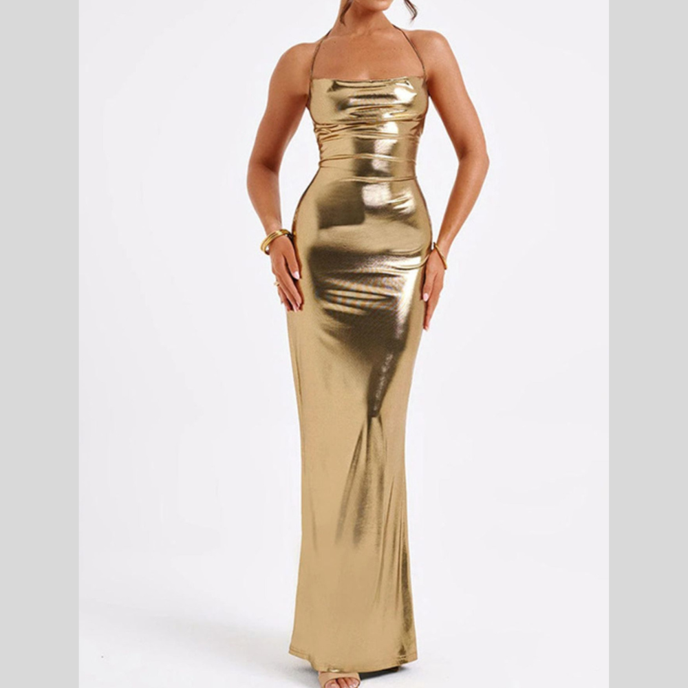 Ruched Halter Neck Maxi Dress