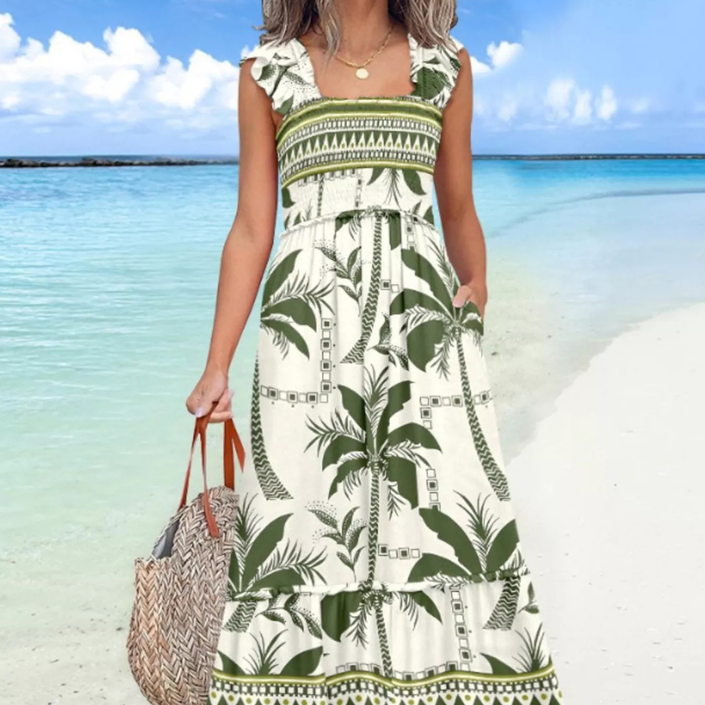 Tropical Palm Print Square Neck Midi Dress